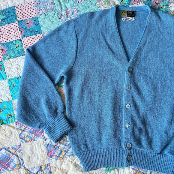 Vintage 60s Sky Blue Alpaca Wool Blend Grandpa Cardigan Sweater L XL - Picture 1 of 6